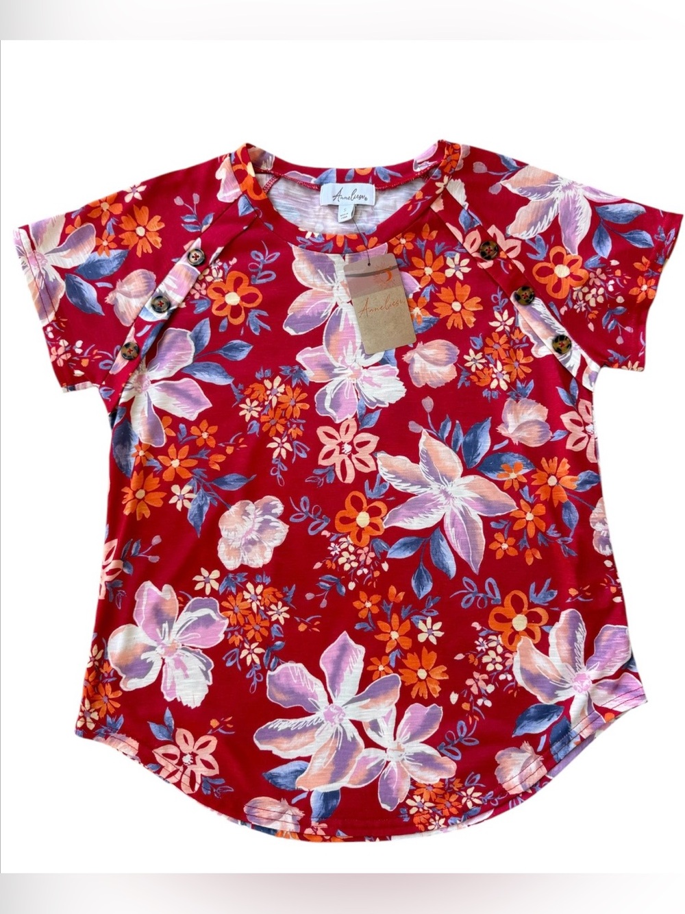 NWT Anneliese Rust Red Floral Short Sleeve Crew Neck Top